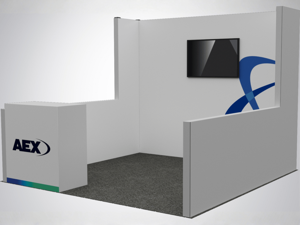 AEX modular 10x10 booth design, option B, with a corner wall and monitor