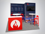 Exhibit booth design with a red flame logo counter and high-top seating
