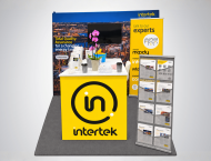 Intertek exhibit booth with a yellow logo counter