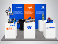 Exhibit booth design with LEWA, Wirth and Verisco product pedestals