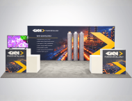 GKN exhibit booth design with graphic panels and counters